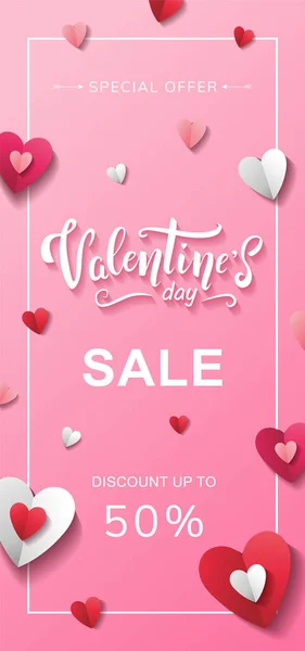 Valentine Day Sale Hand Drawn Lettering Flyer Design Cute Paper — Stock Vector