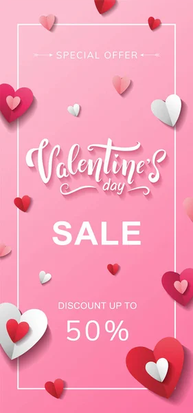 Vente Saint Valentin Dessiné Main Lettrage Flyer Design Avec Coeurs — Image vectorielle