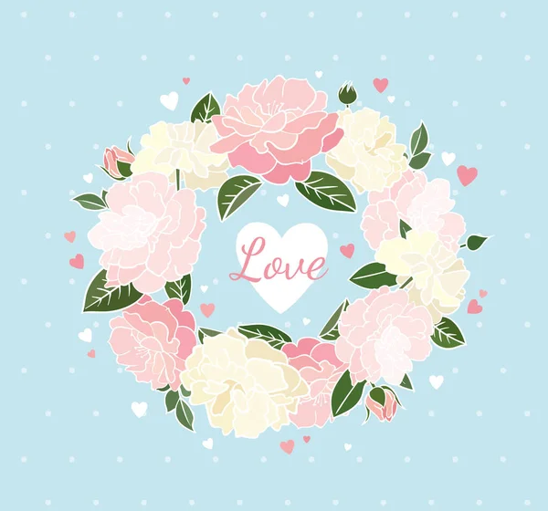 美しいバラや牡丹の花やドットで青の背景に小さな心の花輪とグリーティングカードのデザインが大好きです ベクターイラスト — ストックベクタ