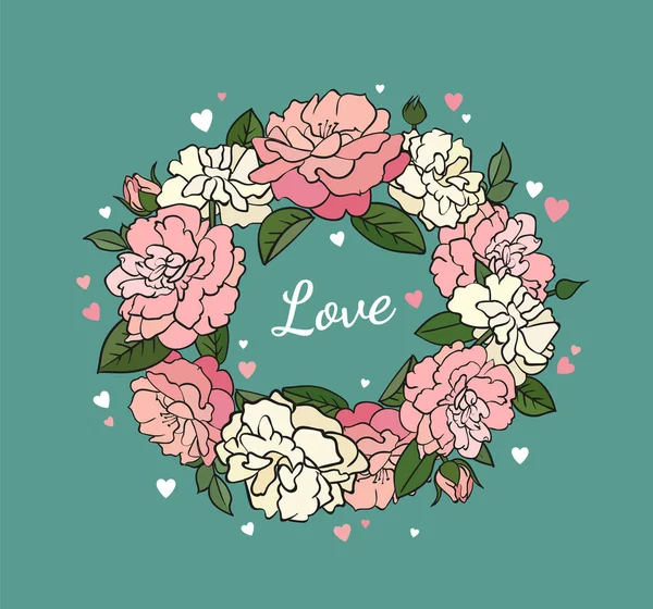 Любовная Открытка Изображением Венка Красивых Розовых Цветов Маленьких Сердечек Зеленом — стоковый вектор