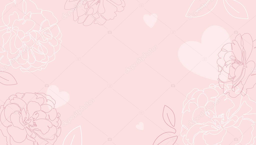 Pink floral line art with hearts. Single line rose and peony flowers with leaves illustration. Valentine's Day romantic background design. - Vector