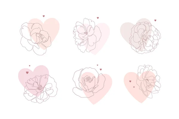 Continuous line flowers with small hearts. Set of roses single line vector illustration for print or web. Minimalist style romantic floral design