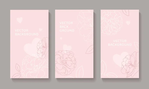 Minimalist tarzda pembe çiçekli arka planlar, tek çizgili gül çiçekleri ve kalpler. Romantik sosyal medya hikayeleri için tasarım şablonu ve metin için yer. - Vektör