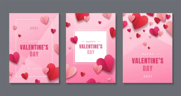 Днем Святого Валентина Набор Стильных Плакатов Красными Розовыми Бумажными Сердечками — стоковый вектор