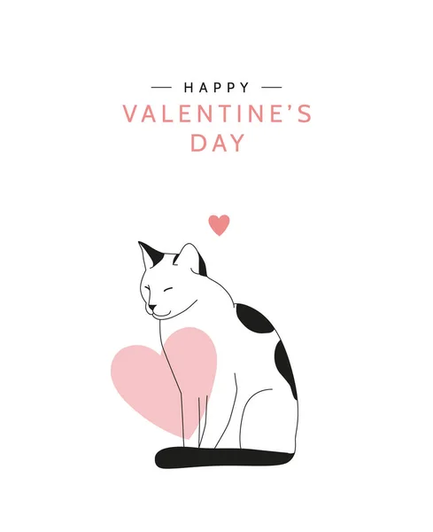 情人节贺卡或横幅概念与可爱坐猫的简约风格 黑白相间的猫科动物在白色背景上以粉红的心作图解 漂亮的现代海报 卡片或印刷品设计 — 图库矢量图片