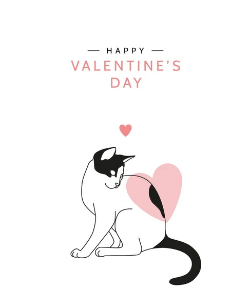 Happy Valentine Day Black White Cat Illustration Pink Hearts Isolated — Stock Vector