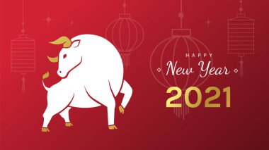 Çin Yeni Yıl Kutlaması için yaratıcı 2021 yılınız kutlu olsun. Kırmızı arka planda Çince fenerleri olan beyaz öküz sembolü. - Vektör illüstrasyonu