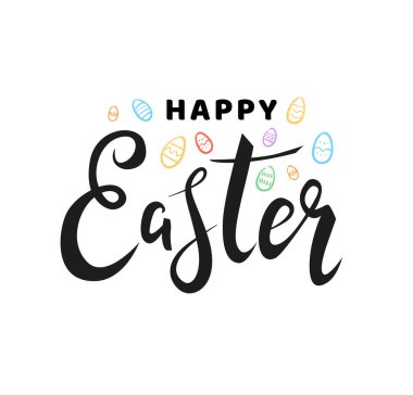 Beyaz arka planda izole edilmiş renkli yumurtalarla çizilmiş kaligrafi çizimin kutlu olsun. Paskalya kutlamaları için güzel bir el yazısı. - Vektör illüstrasyonu