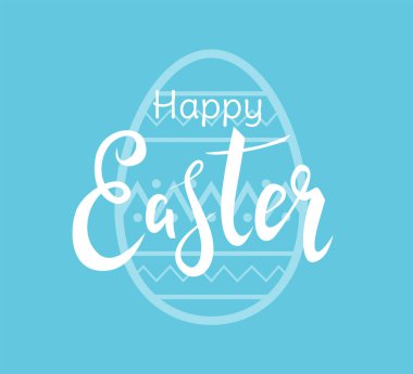 Mavi arka planda geleneksel paskalya yumurtasıyla çizilmiş güzel Paskalya eliniz kutlu olsun. Kart tasarımı için kaligrafik kelimelerle süslenmiş yumurta sembolü. - Vektör illüstrasyonu
