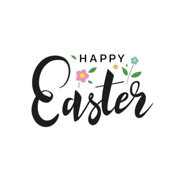 Süslü, küçük çiçekli ve beyaz arka planda yeşil yapraklı mutlu Paskalya mektupları. El yazısı kaligrafik alıntı. - Vektör