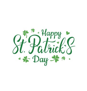 Mutlu Aziz Patrick Günü elleri beyaz arka planda yonca izole edilmiş güzel mektuplar yazdı. Kart, pankart ya da baskı için kaligrafik tasarım. - Vektör illüstrasyonu