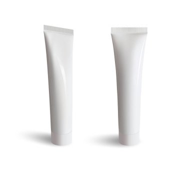 Beyaz arkaplanda vektör kozmetik ambalajı izole edildi. Gerçekçi beyaz parlak plastik tüp krem, jöle, esans, diş macunu, şampuan, güneş kremi ve daha fazlası için hazırlanır.