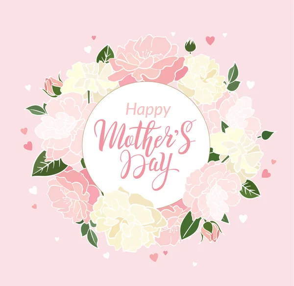 美しいパステルカラーの牡丹の花とピンクの背景に手書きのレタリングと幸せな母の日の花グリーティングカードやバナーデザインコンセプト ベクトル — ストックベクタ