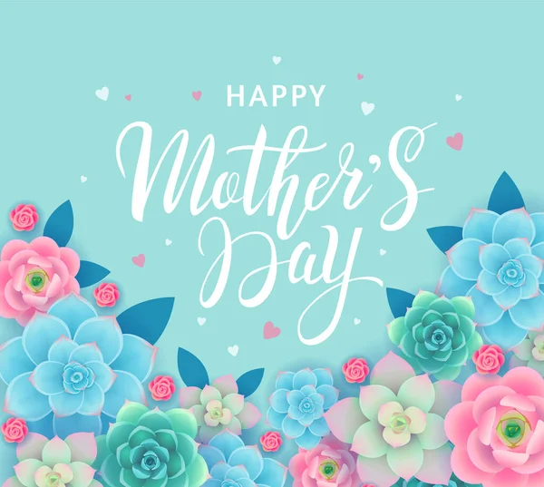 美しい花や多肉植物とターコイズの背景に文字を持つ母の日のバナーデザインコンセプト 創造的な花のポスターデザイン ベクターイラスト — ストックベクタ