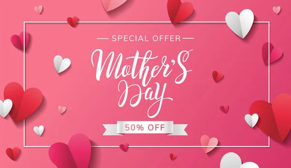 Mother Day Sale Banner Design Beautiful Handwritten Lettering Paper Hearts — Stock Vector