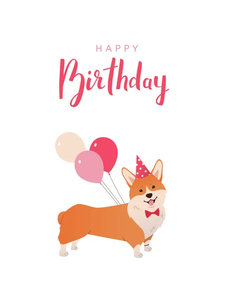 Vorlage Für Geburtstagsgrußkarten Mit Niedlichem Cartoon Welsh Corgi Mit Party — Stockvektor