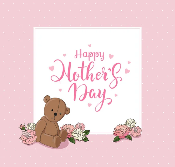 美しい牡丹の花 テディベアのおもちゃや手書きのレタリングと幸せな母の日のグリーティングカードのデザインコンセプト ピンクにポルカドット ベクターイラスト — ストックベクタ