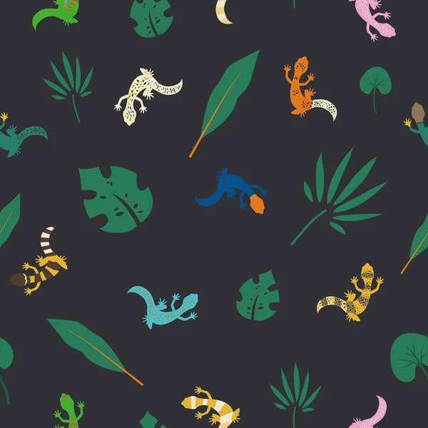 Tropisches Muster Mit Blättern Und Bunten Eidechsen Exotisches Nahtloses Dschungelmuster — Stockvektor