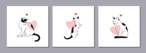 Set Trendiger Katzenillustrationen Minimalistischen Stil Schwarz Weiße Lineare Katzen Mit — Stockvektor