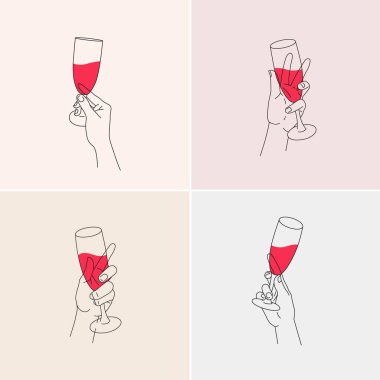 El ele tutuşmanın çağdaş çizgisel çizimleri. Kırmızı şaraplı şarap kadehi. Poster, kart, ağ, etiket veya diğer tasarım için minimalist taslak çizimi