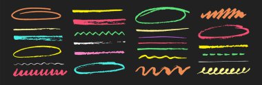 Parlak renkli karalama çemberleri, altçizgiler, ve siyah arka plandaki röfleler. El çizimi kalem şekilleri, neon aksanlar ve fırça dokuları. Vektör soyut karalama çizimi