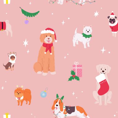 Pembe Arkaplanda Neşeli Tatil Havasında Şirin Köpeklerle Kusursuz Noel Şablonu