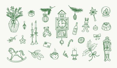 Retro Vintage Noel Koleksiyonu. Tatil dekorasyonları, eski moda oyuncaklar ve elementlerin el çizimi çizimleri.