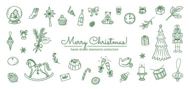 Kırsal Noel Karalamaları Koleksiyonu. Davetiyeler, tebrik kartları ve diğer tasarımlar için Holiday ögelerinin el çizimi çizimleri