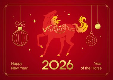 At 2026 tebrik kartı tasarımı yılı. Kırmızı arka planda Ateş Atı, ziyafet takılarıyla