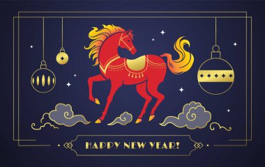 Kırmızı Ateş Atı Silueti, Bulutlar ve Altın Mücevherler ile Koyu Mavi Arkaplan 'da Atlı tebrik kartı veya afiş tasarımı