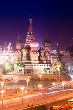 Gece hava panorama, Moskova Katedrali, Saint Basil mübarek, Vasilevsky iniş ve ışıklı sakız, Moskova, Rusya Federasyonu