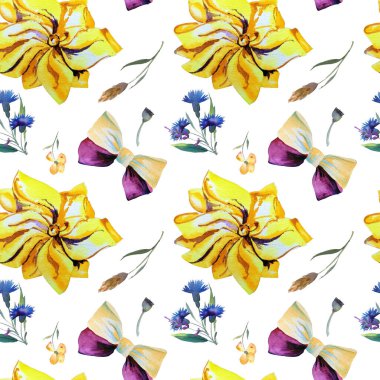 El yapımı suluboya illüstrasyon. Beyaz arka planda güzel mavi ve sarı fiyonklu kusursuz desen.