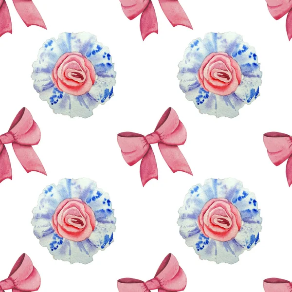 Handrawn watercolor illustration. Seamless pattern with beautiful blue and pink bows on white background. — Stock Photo, Image