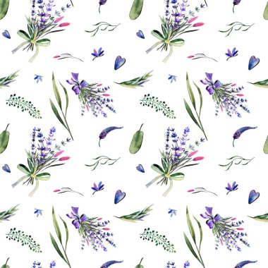 Lavanta ve yabani otlarla kusursuz suluboya deseni. Tekstil ve ambalaj kağıdı için güzel bir illüstrasyon