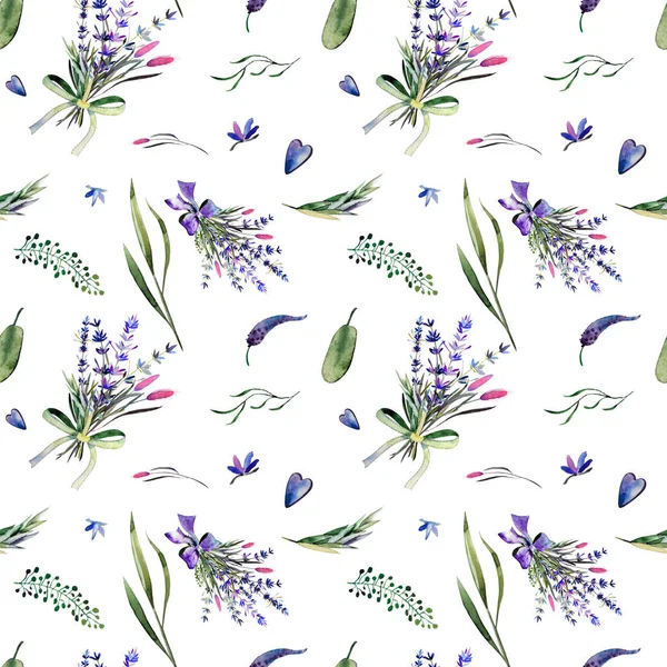 Naadloos aquarelpatroon met lavendel en wilde kruiden. Mooie illustratie voor textiel, inpakpapier — Stockfoto