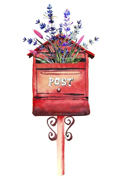 Illustration aquarelle dessinée à la main isolée sur fond blanc. Boîte aux lettres rouge avec fleurs de lavande. — Photo