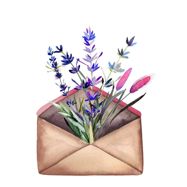 흰색 바탕에는 수채화를 맨 손으로 그린 그림 이 있다. 라벤더 꽃이 들어 있는 역 봉투. — 스톡 사진