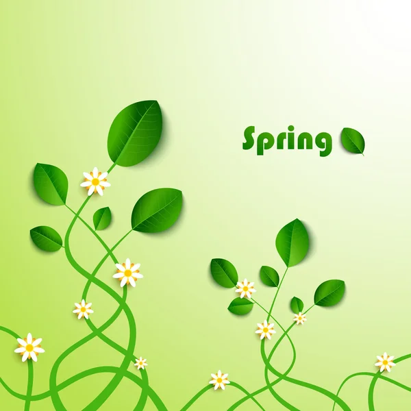 Tarjeta de primavera con hojas verdes y flores — Vector de stock