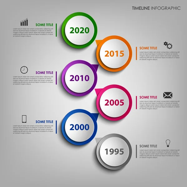 Línea de tiempo info gráfico con diseño colorido puntero redondo — Vector de stock