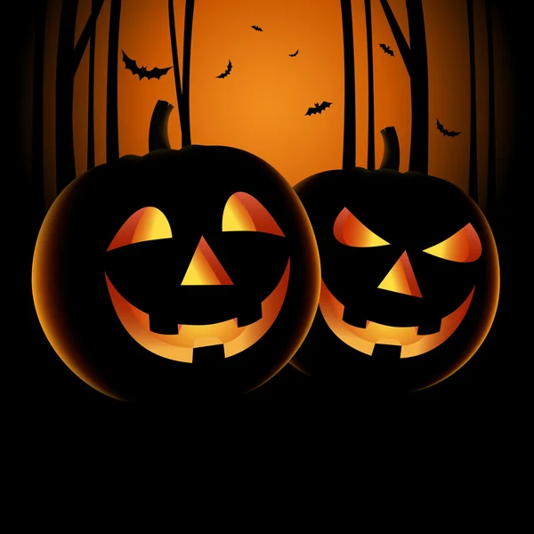 Halloween noite pano de fundo com abóboras e floresta assombrada — Vetor de Stock