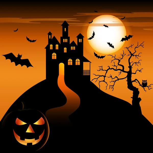 Notte di Halloween con castello infestato e zucca sorridente — Vettoriale Stock