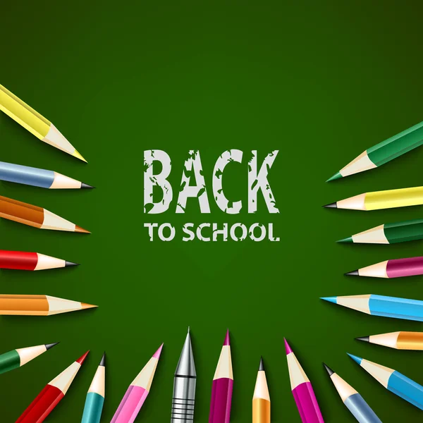 Voltar para a escola com lápis de cor em fundo verde — Vetor de Stock