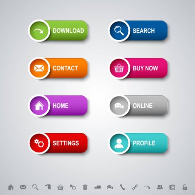 Sembol vektörü 10 olan renkli web tasarım düğmeleri koleksiyonu