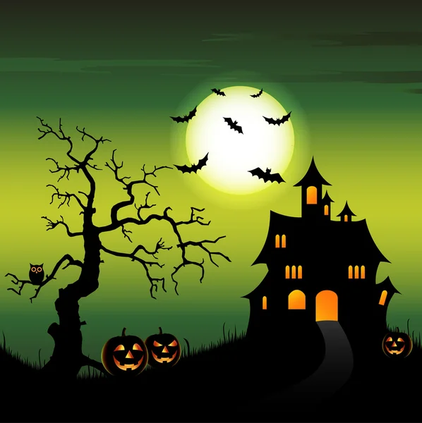 Sfondo notte di Halloween con castello e zucche — Vettoriale Stock