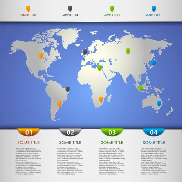 Infografik mit farbigen Zeigern auf der Weltkarte — Stockvektor