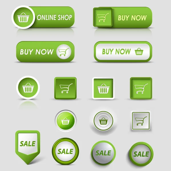 Collectie web groene knoppen en aanwijzers voor winkelen — Stockvector