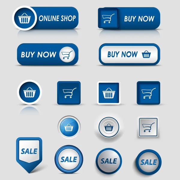 Coleção web botões azuis e ponteiros para fazer compras — Vetor de Stock