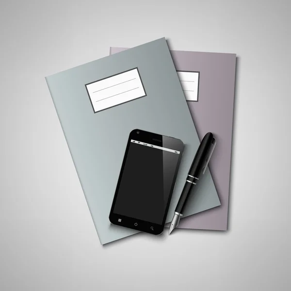 Cuadernos con lápiz y fondo de teléfono inteligente — Vector de stock