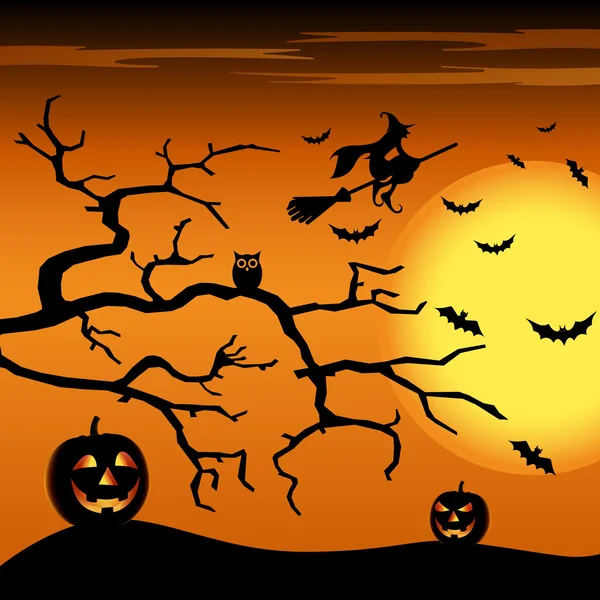 Halloween nacht oranje achtergrond met heks en pompoenen — Stockvector