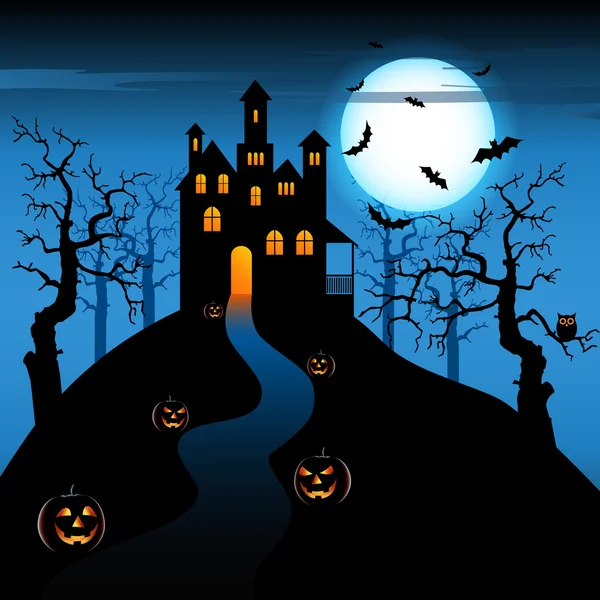 Halloween nacht met achtervolgd kasteel en pompoenen — Stockvector